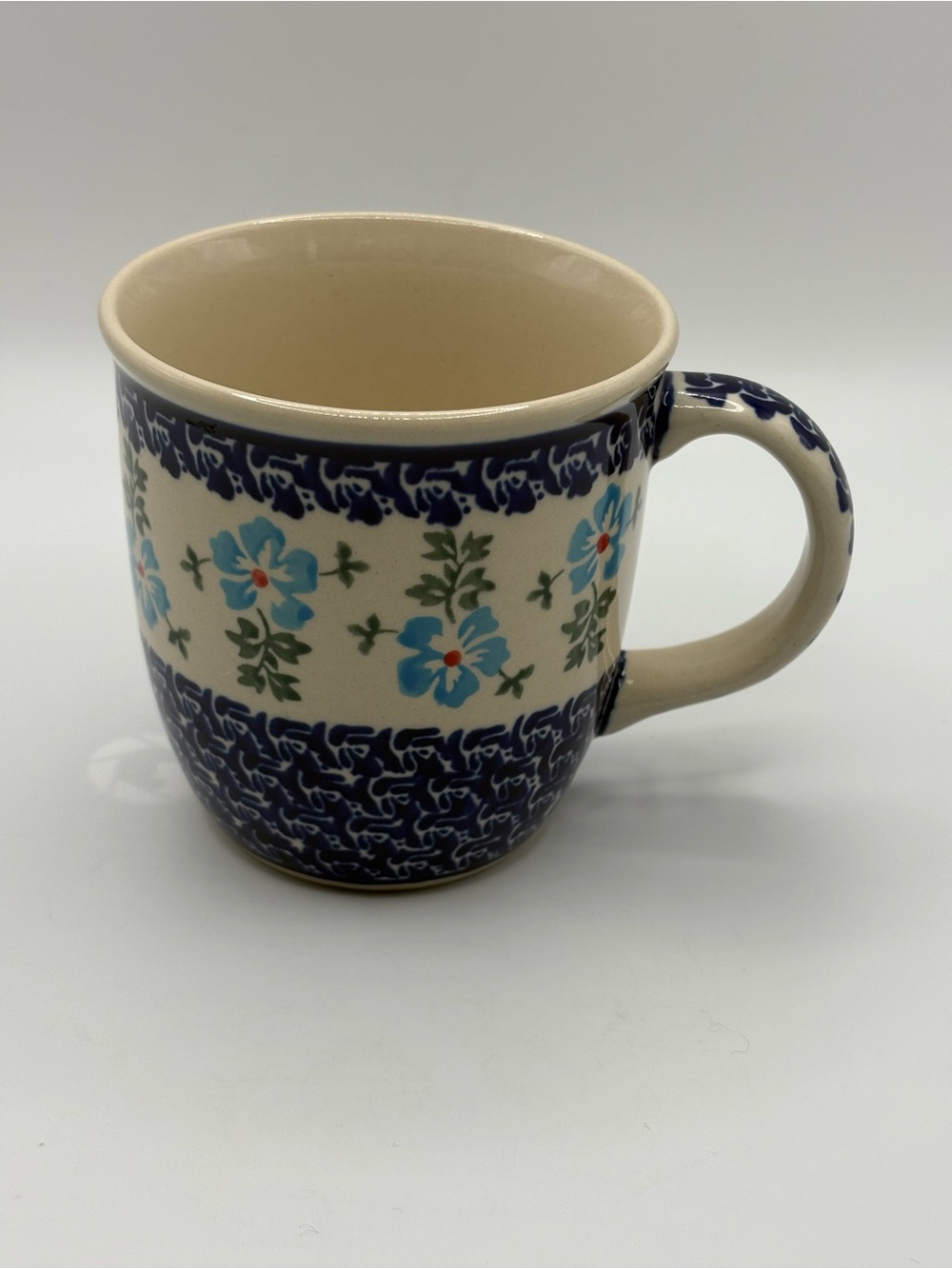 Boleslawiec Polish Pottery Mug Cup Hand Made In Poland Floral Blue 10 Fl Ozs